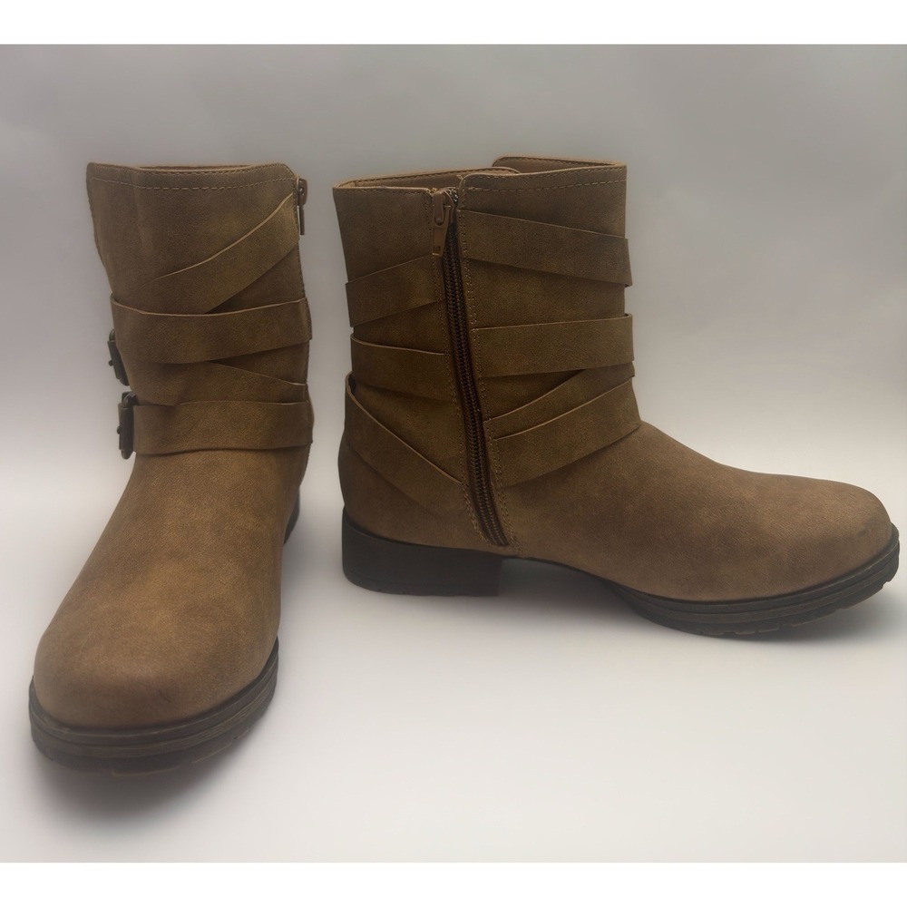 Just Fab Brown Strap Buckle Zip Up Booties Size 7 - Picture 3 of 11